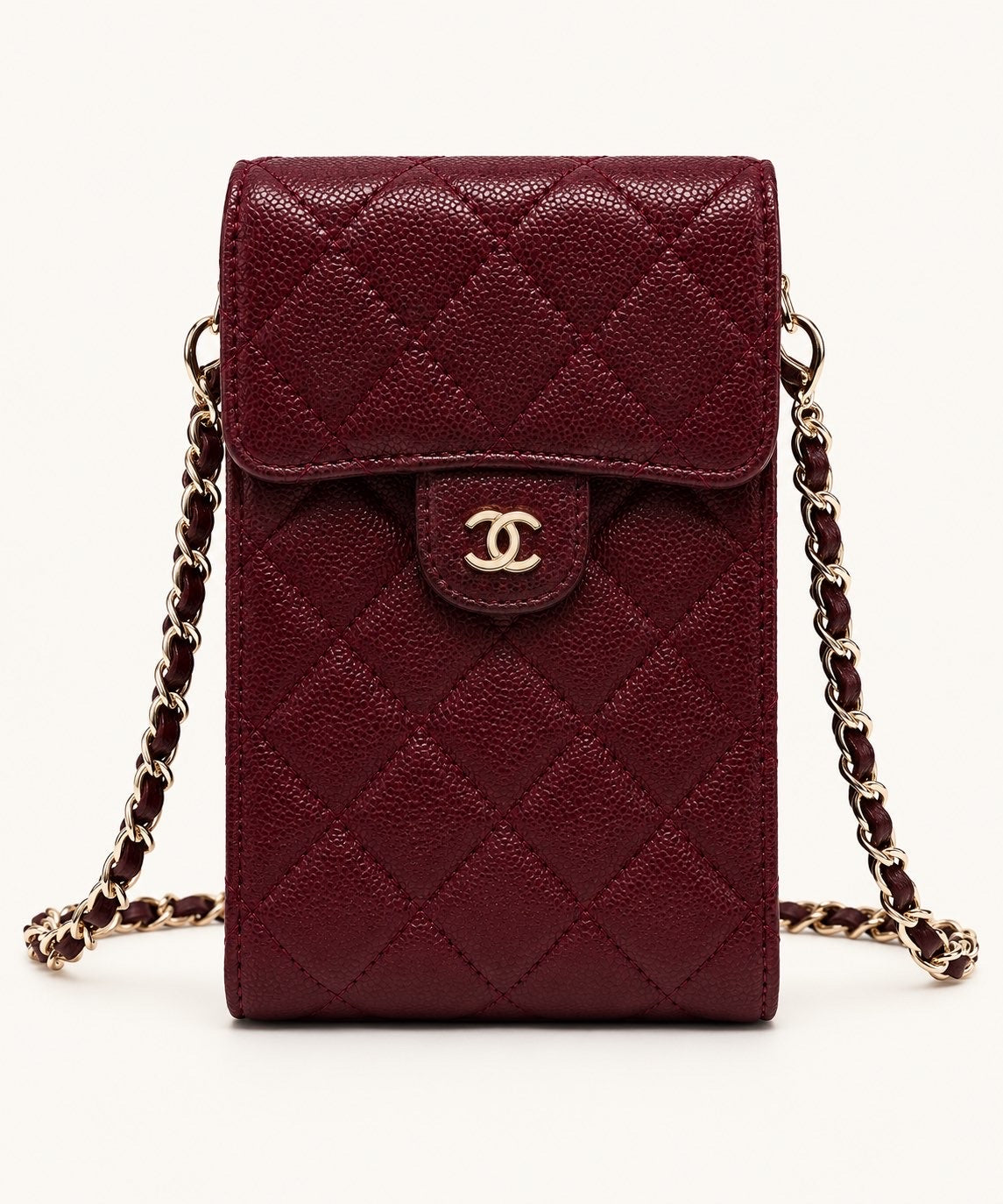 Mini Sac Porte-Téléphone Matelassé Bordeaux – Chaîne Dorée