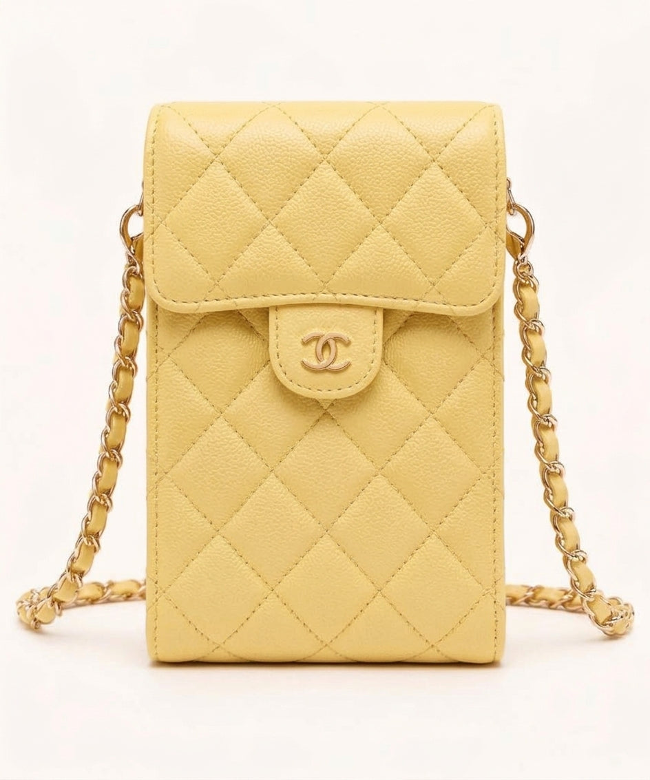 Mini Sac Porte-Téléphone Matelassé Jaune – Chaîne Dorée