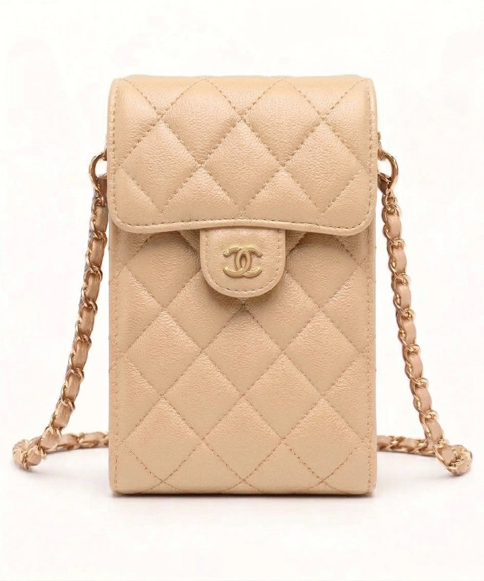 Mini Sac Porte-Téléphone Matelassé Beige – Chaîne Dorée