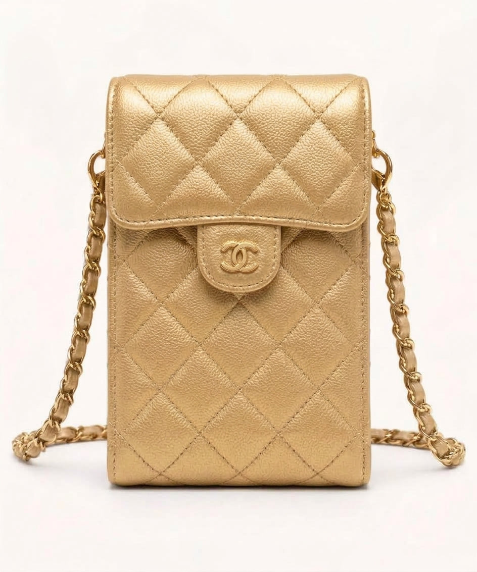 Mini Sac Porte-Téléphone Matelassé Or – Chaîne Dorée