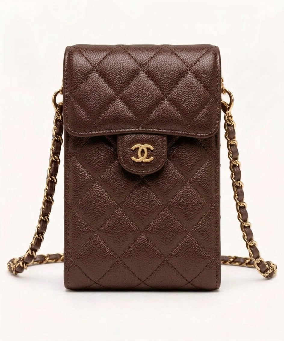 Mini Sac Porte-Téléphone Matelassé Marron – Chaîne Dorée
