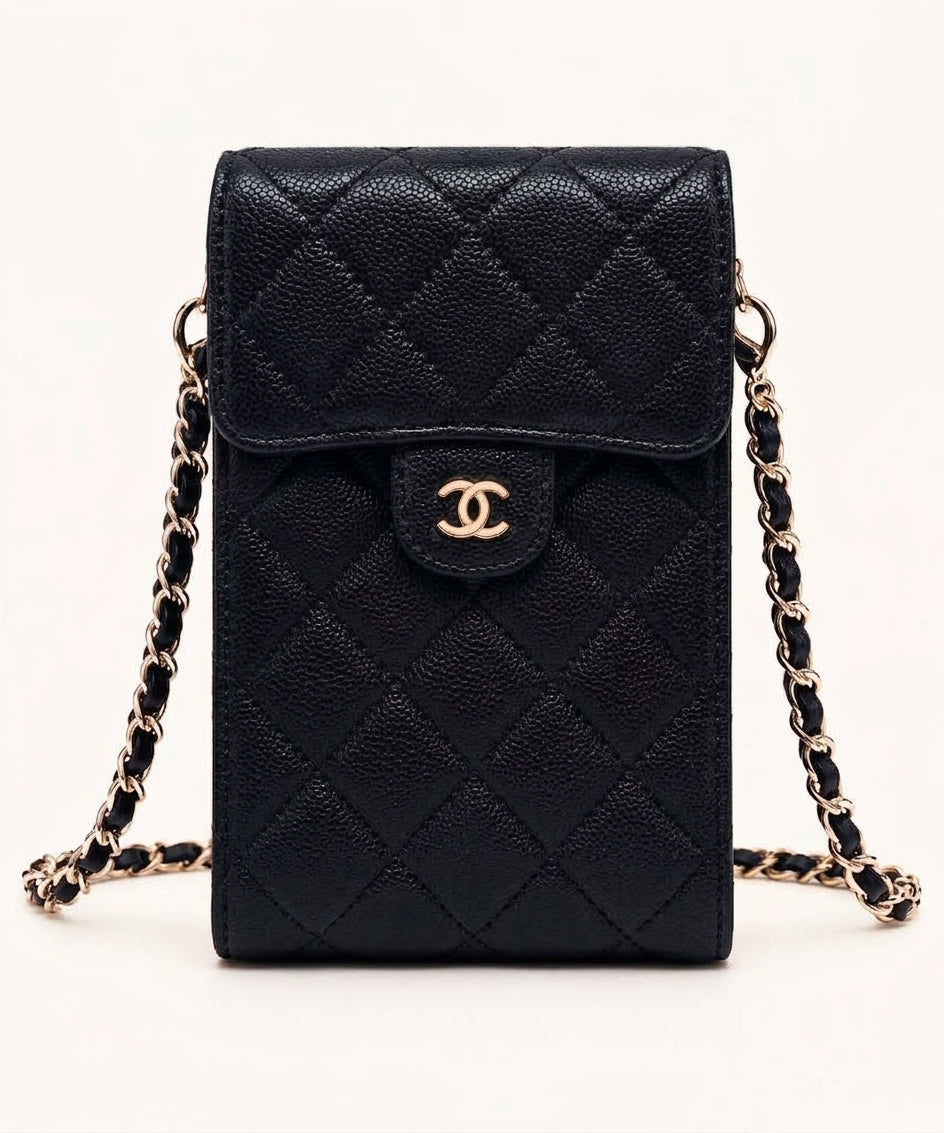 Mini Sac Porte-Téléphone Matelassé Noir – Chaîne Dorée