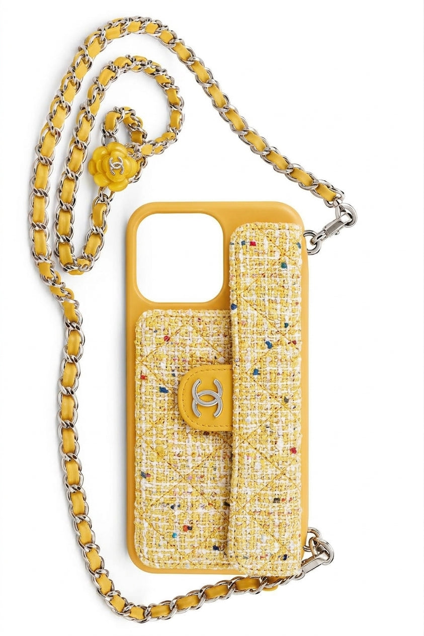 Coque iPhone Sac Matelassé Jaune avec Chaîne