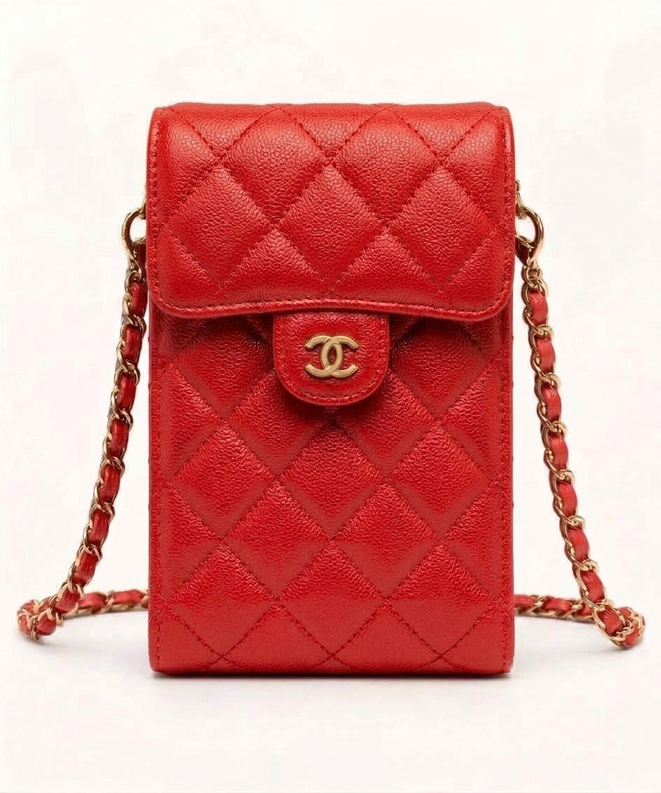 Mini Sac Porte-Téléphone Matelassé Rouge – Chaîne Dorée
